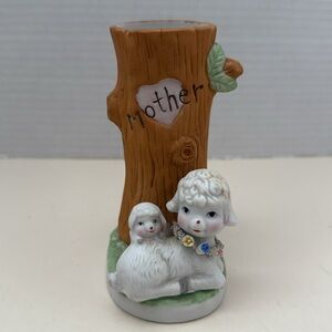 Enesco 1979 Vtg Mother Gift Tree Trunk Bud Vase White Mom & Baby Lamb Keepsake